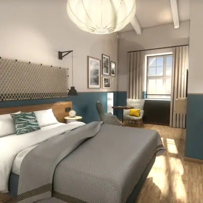 Rendering ruimte HENRI Cuxhaven | © Geplan Design Slaapkamer met bed en stoel, smaakvol ingericht.